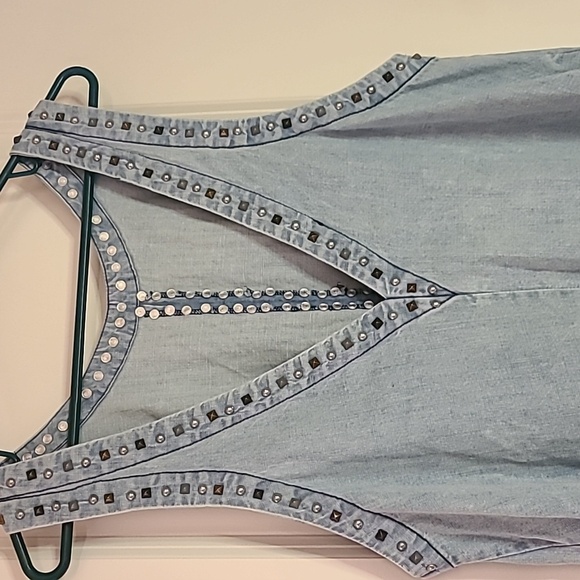 Free People Studded Chambray Tunic Tank Top With Pockets Boho Open Back - Picture 7 of 13